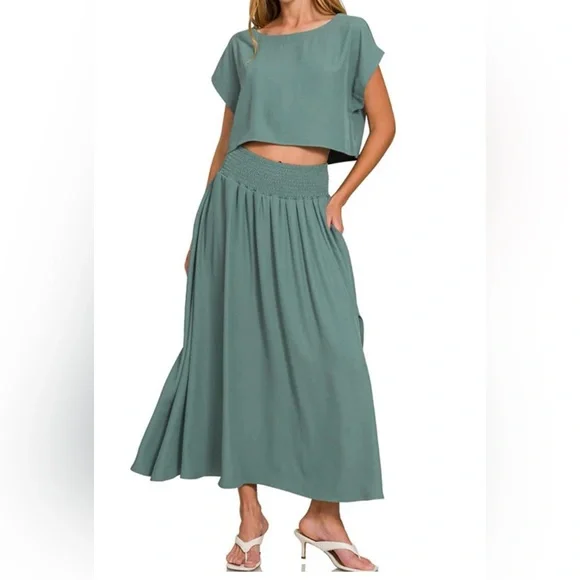 NWOT Zenana Heavy Woven Span Crop Tee & Skirt Set in Teal Size Small - Picture 1 of 12
